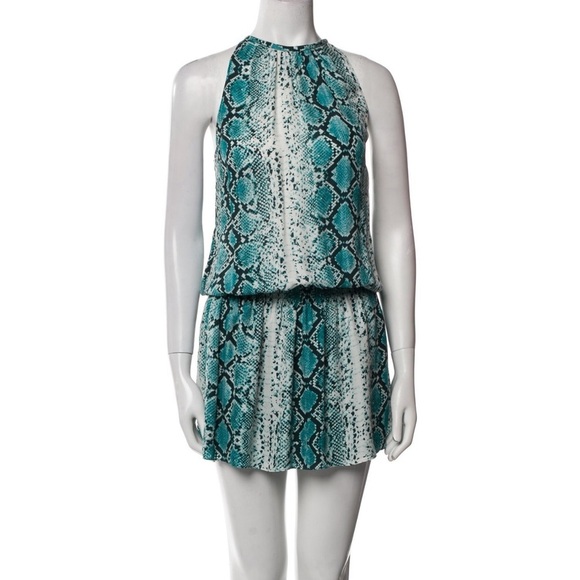 Ramy Brook Green Snake Skin Mini Dress 100% Silk High Neck Ruched Waist Small - Picture 1 of 10